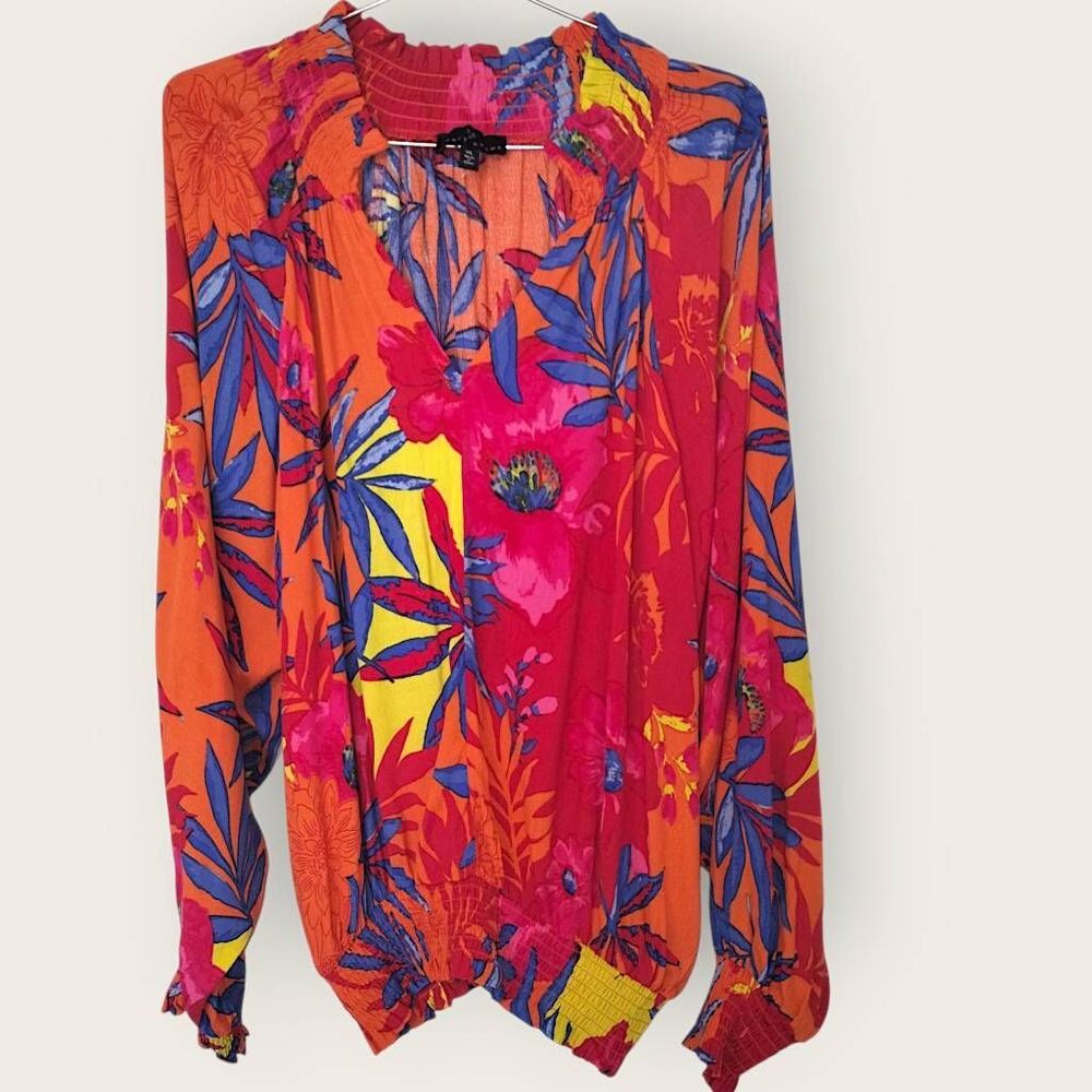 Tracy Evans Womens Top Sz XL V-Neck Long Sleeve Blouse Floral Tropical Resort